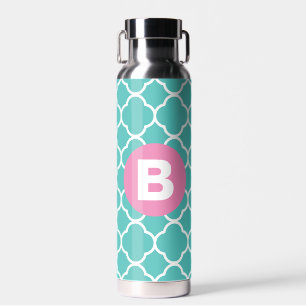 Teal-Vierblattmuster mit individuellem rosa Monogr Trinkflasche