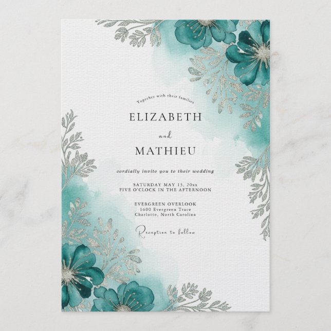 Teal Watercolor Bloom Wedding Einladung (Vorderseite)