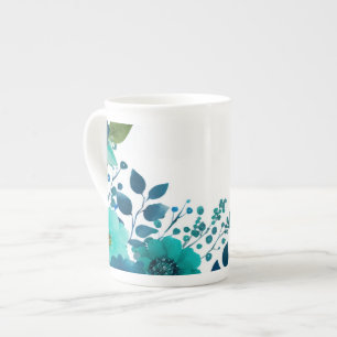 Teal-Watercolor-Blumen-Bone-China-Tasse - Prozellantasse