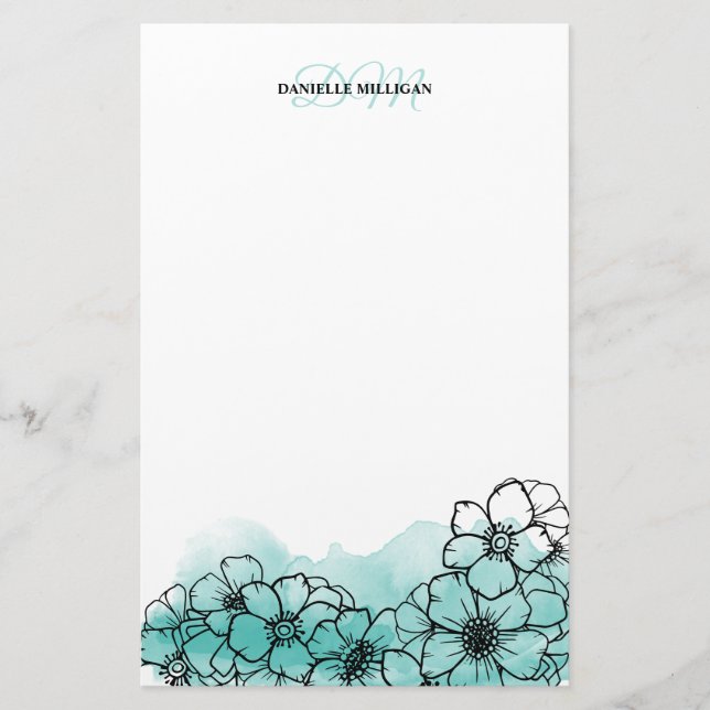 Teal Watercolor Floral Line Art Name Monogram Briefpapier (Vorderseite)