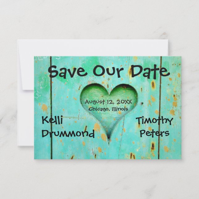 Teal Weathered Wood Heart 3x5Wedding Save the Date (Vorderseite)