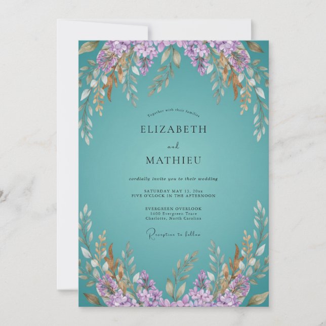 Teal Whimsical Bloom Hochzeit Einladung (Vorderseite)