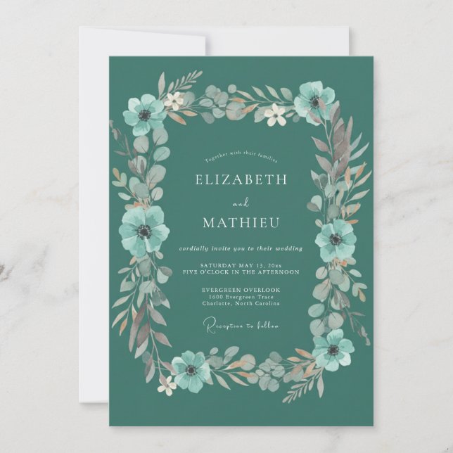 Teal Whimsical Blossom Hochzeit Einladung (Vorderseite)