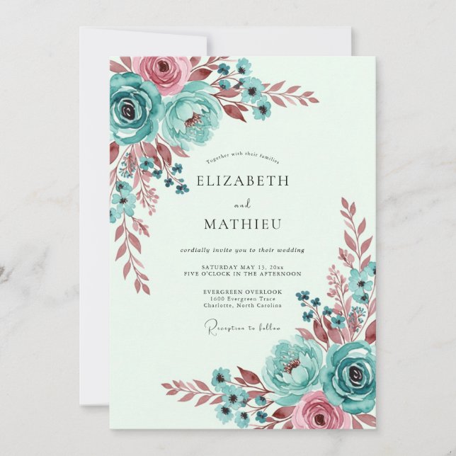 Teal Whimsical Botanical Spring Wedding Einladung (Vorderseite)