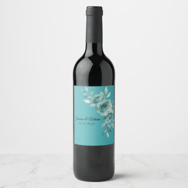 Teal Whisper Blooms Hochzeit Weinetikett (Vorderseite)