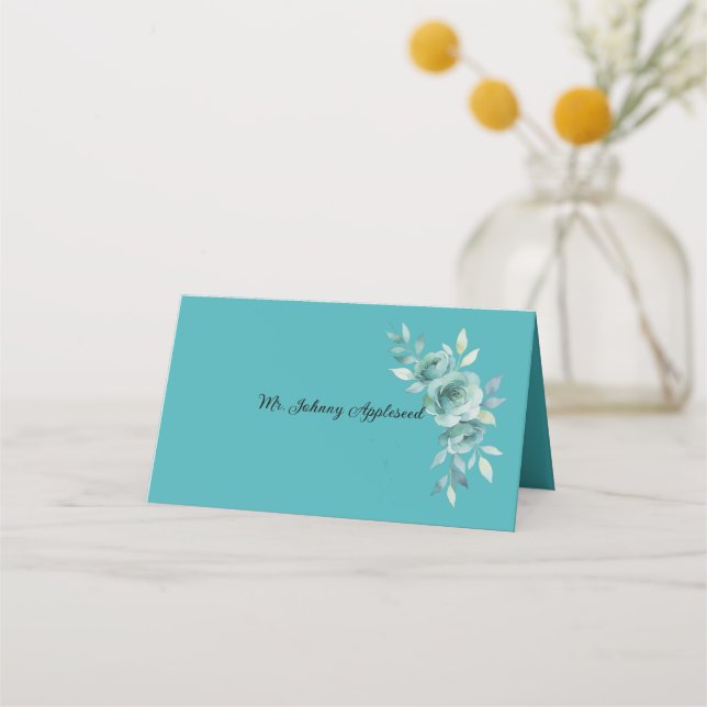 Teal Whisper Blooms Wedding Platzkarte (Vorderseite)
