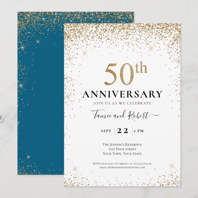 Teal White Gold 50th Wedding Anniversary  Einladung (Vorne/Hinten)