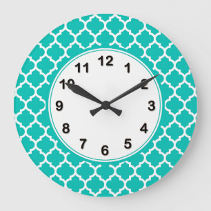 Teal White Moroccan Quatrefoil Pattern #5 Große Wanduhr