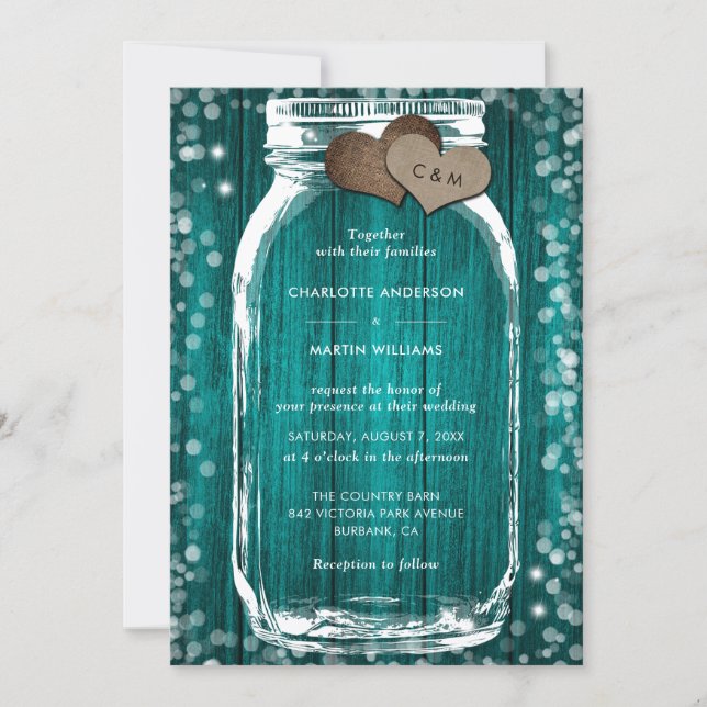 Teal Wood Mason Jar Rustic Fall Wedding Einladung (Vorderseite)