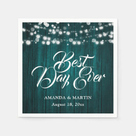 Teal Wood String Lights Rustic Wedding Serviette