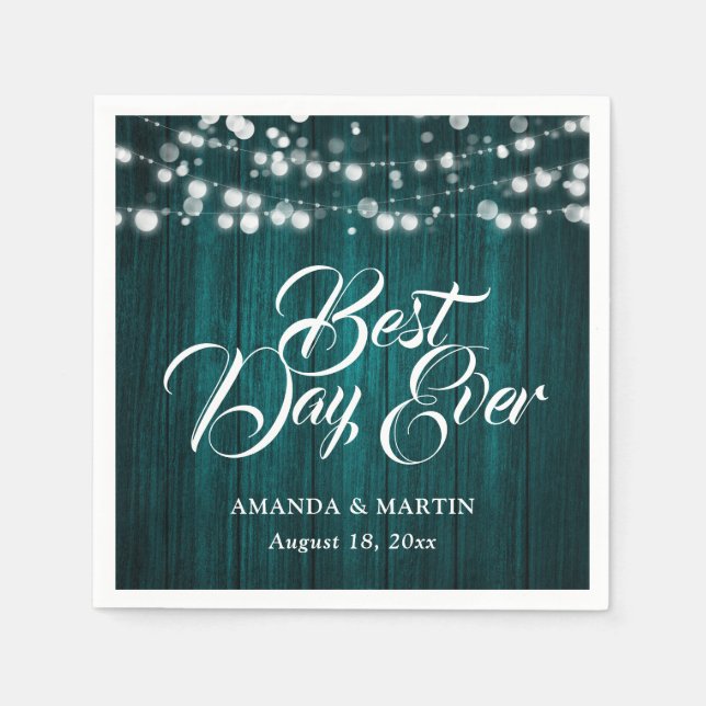 Teal Wood String Lights Rustic Wedding Serviette (Vorderseite)