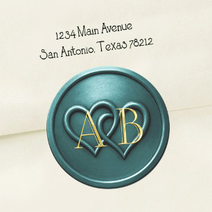 Teal Zwei Herzen Verflochten Monogramm Hochzeit Runder Aufkleber