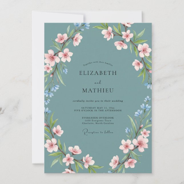 Tealblaue elegante Blütenhochzeit Einladung (Vorderseite)
