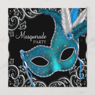 Tealblaue schwarze Maskenparty Einladung