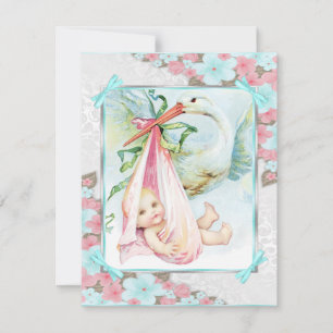 Tealblaue und rosa Storch-Baby-Party Einladung