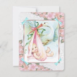 Tealblaue und rosa Storch-Baby-Party Einladung