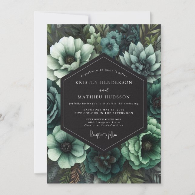 Tealgotische Blütenhochzeit Einladung (Vorderseite)
