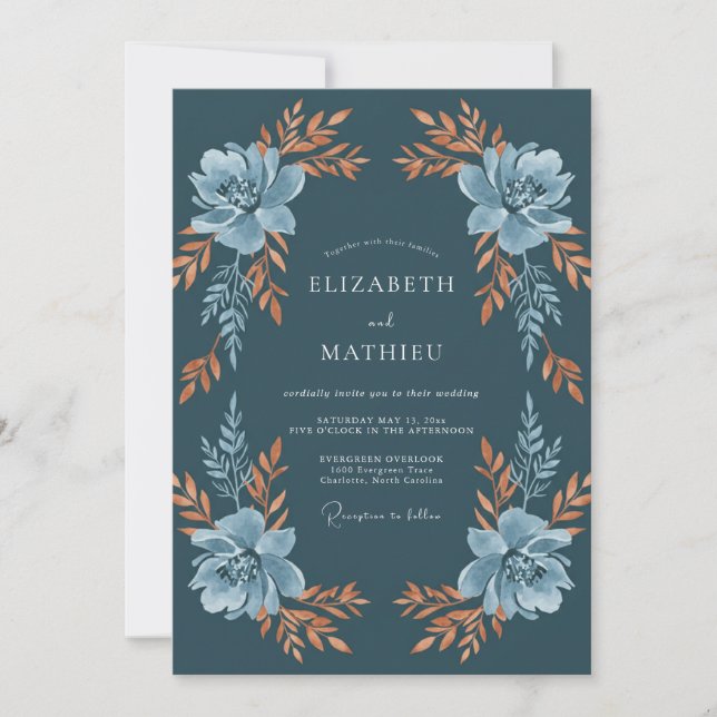 Tealgrüne Blütenhochzeit Einladung (Vorderseite)
