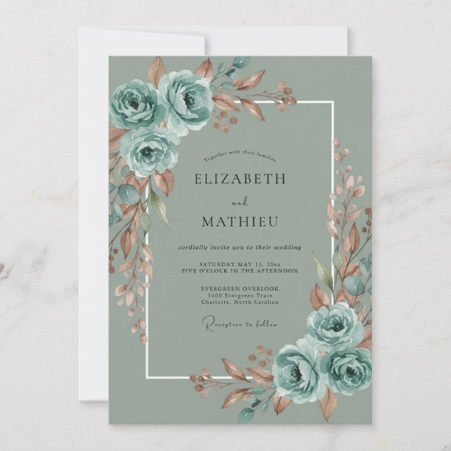 Tealgrüne Blütenhochzeit Einladung (Vorderseite)