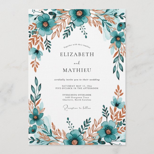 Tealgrüne Blütenhochzeit Einladung (Vorderseite)