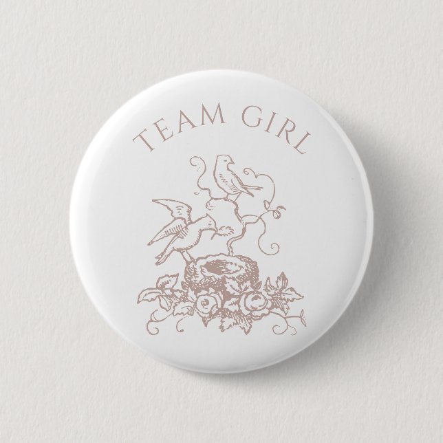 Team Baby Girl Elegant Bird Nest Gender Reveal Button (Vorderseite)
