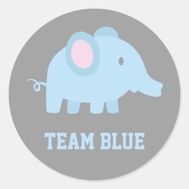 Team Blue, Baby Boy Elephant, Gender Reveal Party Runder Aufkleber (Vorderseite)