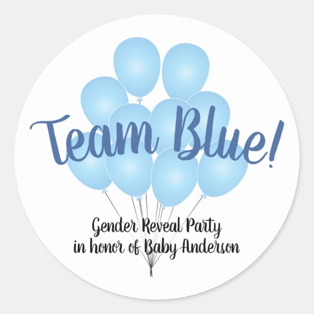 Team Blue Balloons Gender Reveal Party White Runder Aufkleber (Vorderseite)