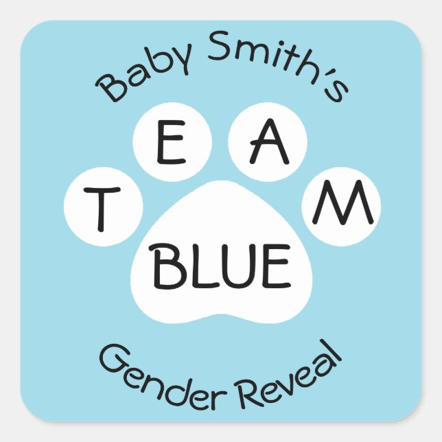 Team Blue Paw Print Gender Reveal Quadratischer Aufkleber (Vorderseite)