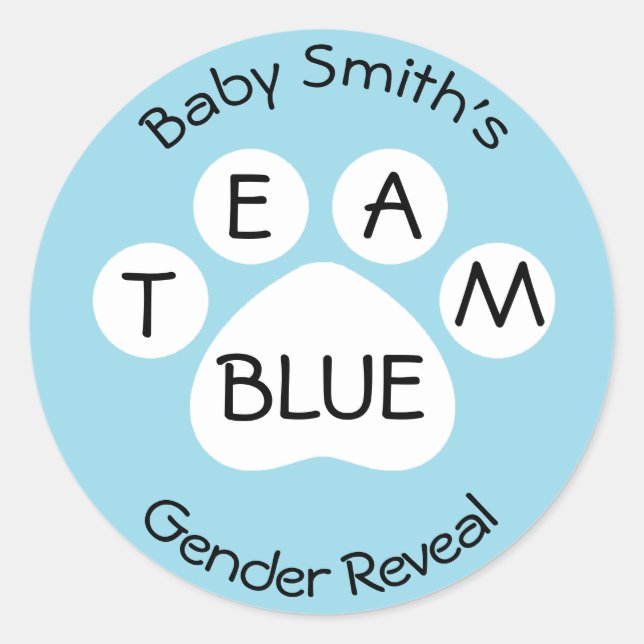 Team Blue Paw Print Gender Reveal Runder Aufkleber (Vorderseite)