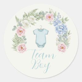 Team Boy Floral Wreath Gender Reveal Runder Aufkleber
