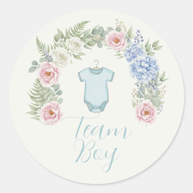 Team Boy Floral Wreath Gender Reveal Runder Aufkleber (Vorderseite)