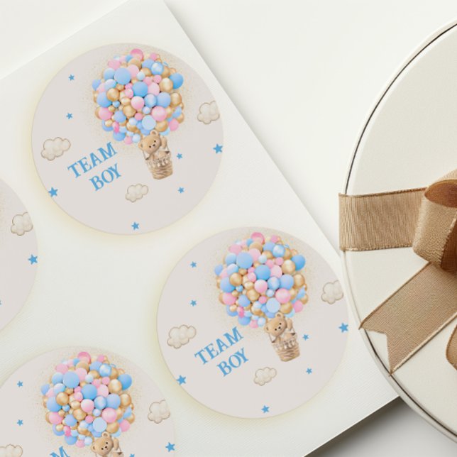 Team Boy Gender Reveal Teddy Bear Blue Runder Aufkleber (Von Creator hochgeladen)