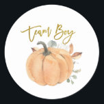 Team Boy Pumpkin Gender Reveal Spiel-Label Runder Aufkleber<br><div class="desc">Team Boy Pumpkin Gender Reveal Spiel-Label</div>