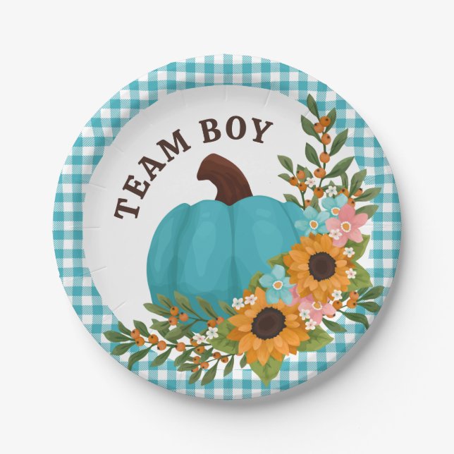 Team Boy Sunflowers Little Pumpkin Gender Reveal Pappteller (Vorderseite)