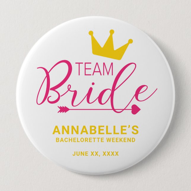 Team Bride Button. Kronen, Kupidreher, Herz Button (Vorderseite)