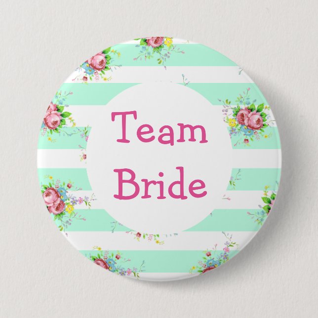 "Team Bride" Hochzeitsknopf Minze Grün Blütenrosa Button (Vorderseite)