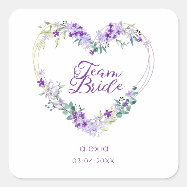 Team Bride Quote & Floral Purple Heart for Wedding Quadratischer Aufkleber (Vorderseite)