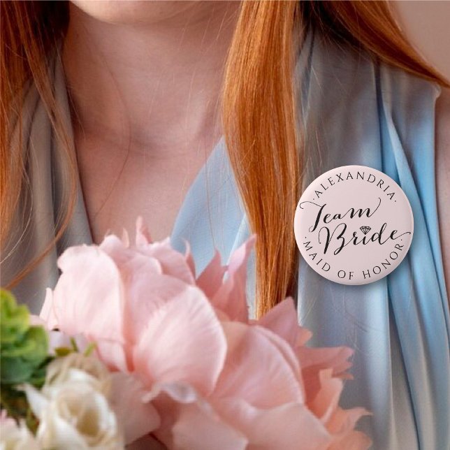 TEAM BRIDE Script Diamond Wedding Brautparty Button (TEAM BRIDE M.O.H. Diamond Classic Script Wedding Bridal Party Pinback Button @ fatfatin_blue_knot)