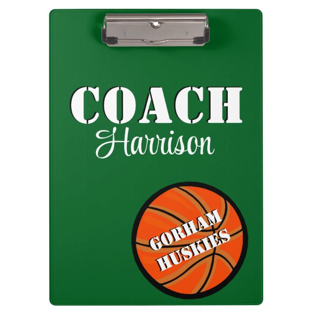 Team Coach Green und White Basketball Personalisie Klemmbrett (Vorderseite)