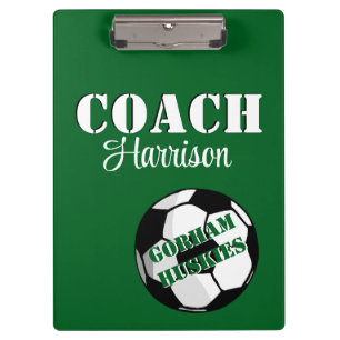 Team Coach Green und White Soccer Personalisiert Klemmbrett