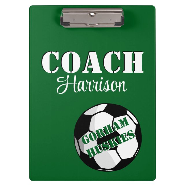 Team Coach Green und White Soccer Personalisiert Klemmbrett (Vorderseite)