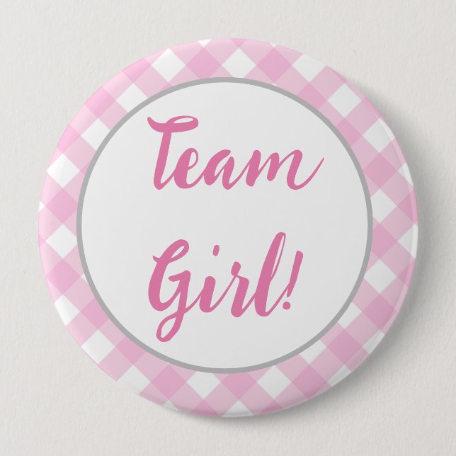 Team Girl Gender Reveal Button, Pink Gingham Karie Button (Vorderseite)