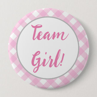 Team Girl Gender Reveal Button, Pink Gingham Karie Button