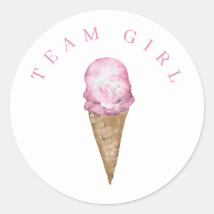 Team Girl Ice Cream Gender Reveal Round Sticker. Runder Aufkleber