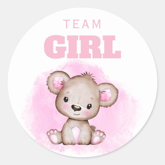 Team Girl Pink Bear Gender Reveal Runder Aufkleber (Vorderseite)