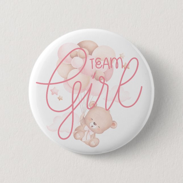 Team Girl Wasserfarben-Teddybär Geschlechter-Enthü Button (Vorderseite)