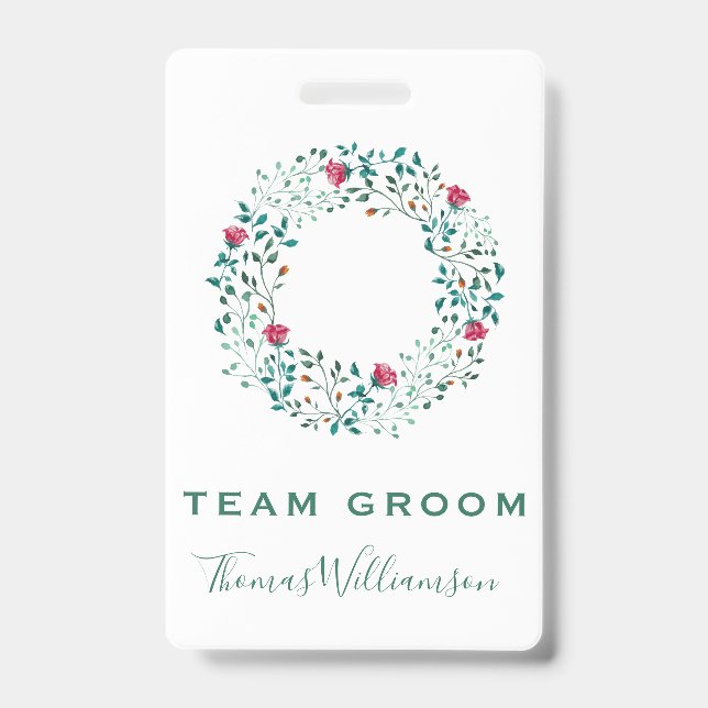 Team Groom Rustic Floral & Greenery Wreath Wedding Ausweis (Vorderseite)