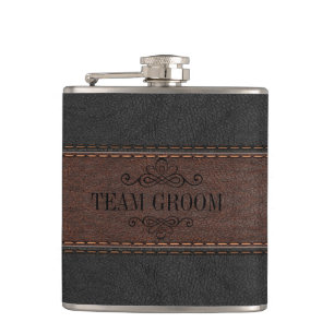 Team Groom Schwarz & Braunes Leder Flachmann