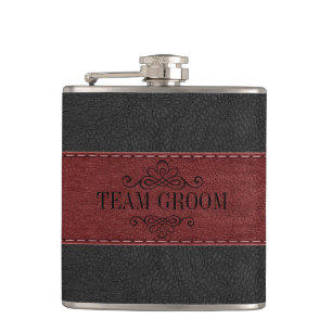 Team Groom Schwarz & Rot Leder Flachmann