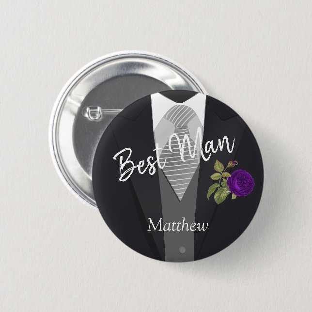 Team Groom Tuxedo - Purple Rose Button (Vorne & Hinten)